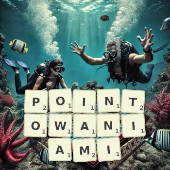 Kreatywna ilustracja do gry w Scrabble ze słowem POINTOWANIAMI ułożonym z płytek na planszy.