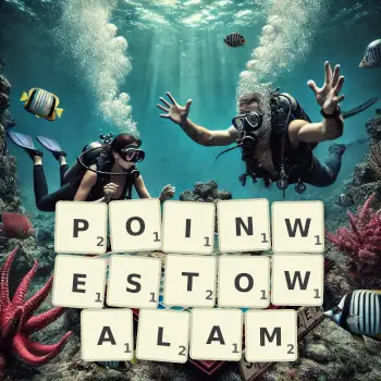 Kreatywna ilustracja do gry w Scrabble ze słowem POINWESTOWALAM ułożonym z płytek na planszy.