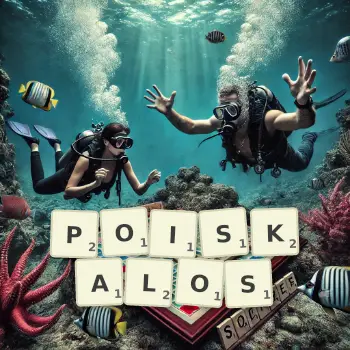 Kreatywna ilustracja do gry w Scrabble ze słowem POISKALOS ułożonym z płytek na planszy.