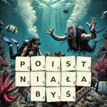 Kreatywna ilustracja do gry w Scrabble ze słowem POISTNIAŁABYŚ ułożonym z płytek na planszy.