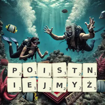 Kreatywna ilustracja do gry w Scrabble ze słowem POISTNIEJMYŻ ułożonym z płytek na planszy.