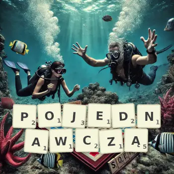 Kreatywna ilustracja do gry w Scrabble ze słowem POJEDNAWCZĄ ułożonym z płytek na planszy.