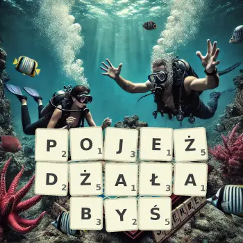 Kreatywna ilustracja do gry w Scrabble ze słowem POJEŻDŻAŁABYŚ ułożonym z płytek na planszy.