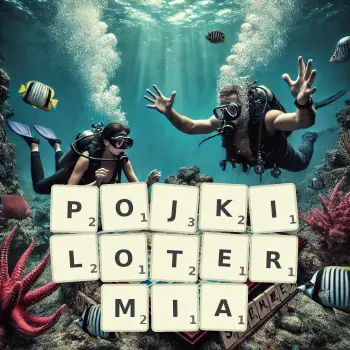 Kreatywna ilustracja do gry w Scrabble ze słowem POJKILOTERMIA ułożonym z płytek na planszy.