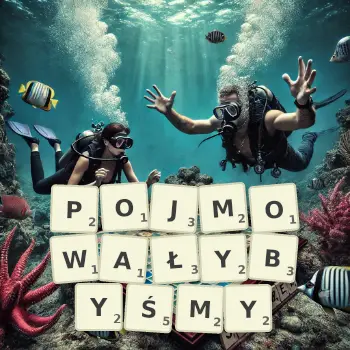 Kreatywna ilustracja do gry w Scrabble ze słowem POJMOWAŁYBYŚMY ułożonym z płytek na planszy.