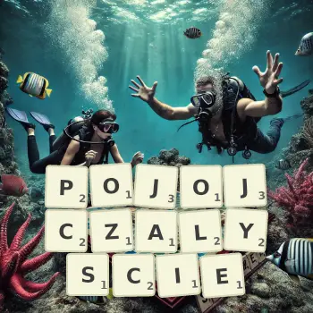 Kreatywna ilustracja do gry w Scrabble ze słowem POJOJCZALYSCIE ułożonym z płytek na planszy.