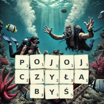 Kreatywna ilustracja do gry w Scrabble ze słowem POJOJCZYŁABYŚ ułożonym z płytek na planszy.