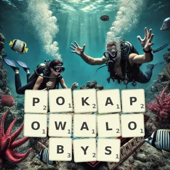 Kreatywna ilustracja do gry w Scrabble ze słowem POKAPOWALOBYS ułożonym z płytek na planszy.