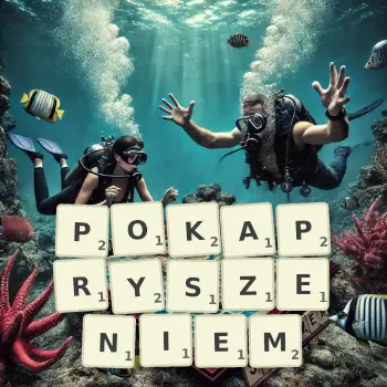 Kreatywna ilustracja do gry w Scrabble ze słowem POKAPRYSZENIEM ułożonym z płytek na planszy.