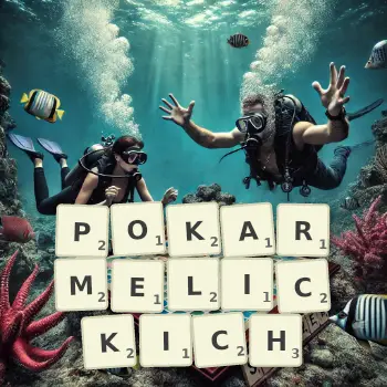 Kreatywna ilustracja do gry w Scrabble ze słowem POKARMELICKICH ułożonym z płytek na planszy.