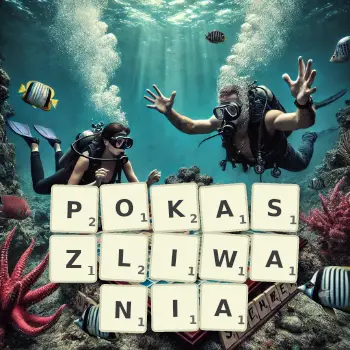 Kreatywna ilustracja do gry w Scrabble ze słowem POKASZLIWANIA ułożonym z płytek na planszy.