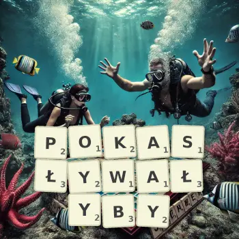 Kreatywna ilustracja do gry w Scrabble ze słowem POKASŁYWAŁYBY ułożonym z płytek na planszy.