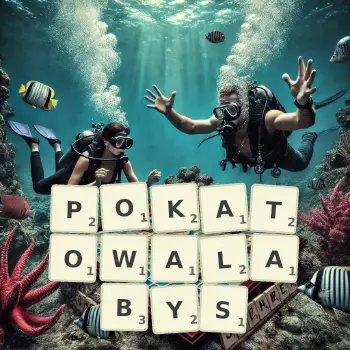 Kreatywna ilustracja do gry w Scrabble ze słowem POKATOWALABYS ułożonym z płytek na planszy.