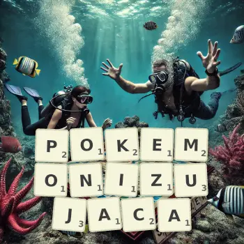 Kreatywna ilustracja do gry w Scrabble ze słowem POKEMONIZUJACA ułożonym z płytek na planszy.