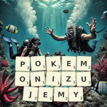 Kreatywna ilustracja do gry w Scrabble ze słowem POKEMONIZUJEMY ułożonym z płytek na planszy.