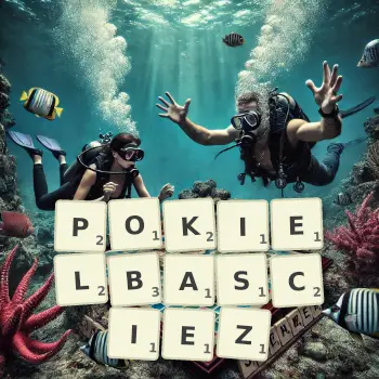 Kreatywna ilustracja do gry w Scrabble ze słowem POKIELBASCIEZ ułożonym z płytek na planszy.