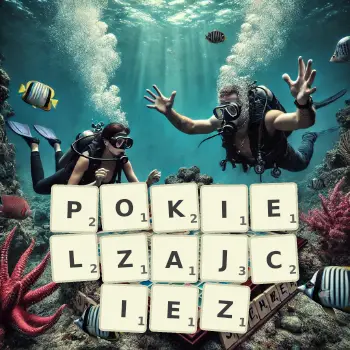 Kreatywna ilustracja do gry w Scrabble ze słowem POKIELZAJCIEZ ułożonym z płytek na planszy.