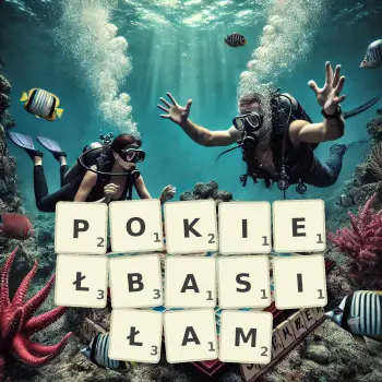 Kreatywna ilustracja do gry w Scrabble ze słowem POKIEŁBASIŁAM ułożonym z płytek na planszy.