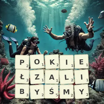 Kreatywna ilustracja do gry w Scrabble ze słowem POKIEŁZALIBYŚMY ułożonym z płytek na planszy.