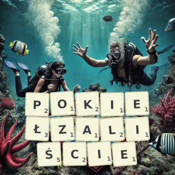 Kreatywna ilustracja do gry w Scrabble ze słowem POKIEŁZALIŚCIE ułożonym z płytek na planszy.