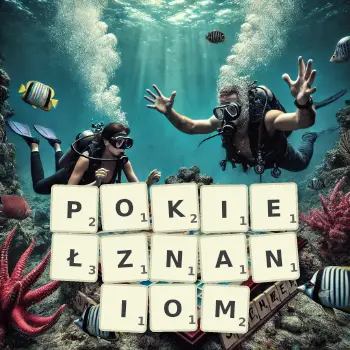 Kreatywna ilustracja do gry w Scrabble ze słowem POKIEŁZNANIOM ułożonym z płytek na planszy.