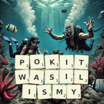 Kreatywna ilustracja do gry w Scrabble ze słowem POKITWASILISMY ułożonym z płytek na planszy.