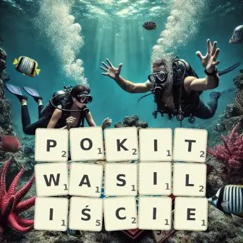 Kreatywna ilustracja do gry w Scrabble ze słowem POKITWASILIŚCIE ułożonym z płytek na planszy.