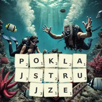 Kreatywna ilustracja do gry w Scrabble ze słowem POKLAJSTRUJZE ułożonym z płytek na planszy.