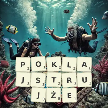 Kreatywna ilustracja do gry w Scrabble ze słowem POKLAJSTRUJŻE ułożonym z płytek na planszy.