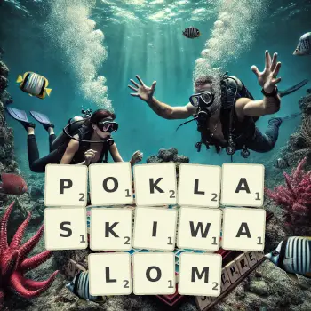 Kreatywna ilustracja do gry w Scrabble ze słowem POKLASKIWALOM ułożonym z płytek na planszy.