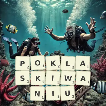 Kreatywna ilustracja do gry w Scrabble ze słowem POKLASKIWANIU ułożonym z płytek na planszy.