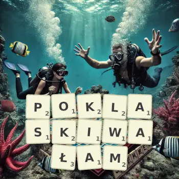 Kreatywna ilustracja do gry w Scrabble ze słowem POKLASKIWAŁAM ułożonym z płytek na planszy.