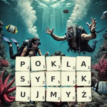 Kreatywna ilustracja do gry w Scrabble ze słowem POKLASYFIKUJMYŻ ułożonym z płytek na planszy.