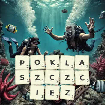 Kreatywna ilustracja do gry w Scrabble ze słowem POKLASZCZCIEZ ułożonym z płytek na planszy.