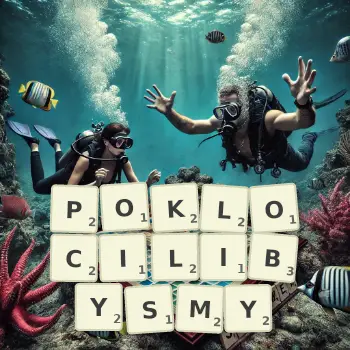 Kreatywna ilustracja do gry w Scrabble ze słowem POKLOCILIBYSMY ułożonym z płytek na planszy.
