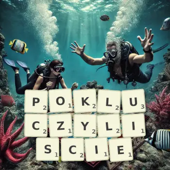 Kreatywna ilustracja do gry w Scrabble ze słowem POKLUCZYLISCIE ułożonym z płytek na planszy.