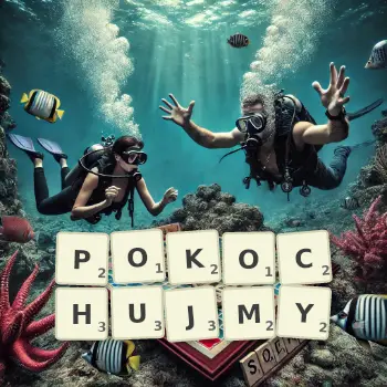 Kreatywna ilustracja do gry w Scrabble ze słowem POKOCHUJMY ułożonym z płytek na planszy.