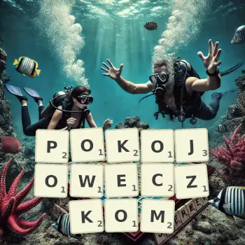 Kreatywna ilustracja do gry w Scrabble ze słowem POKOJOWECZKOM ułożonym z płytek na planszy.