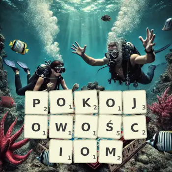 Kreatywna ilustracja do gry w Scrabble ze słowem POKOJOWOŚCIOM ułożonym z płytek na planszy.