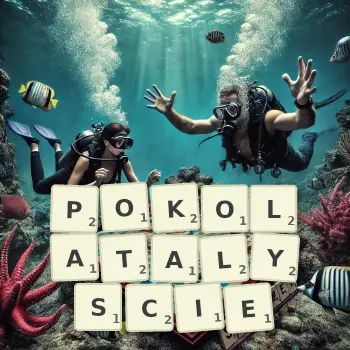 Kreatywna ilustracja do gry w Scrabble ze słowem POKOLATALYSCIE ułożonym z płytek na planszy.