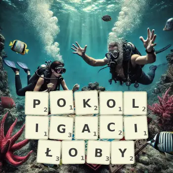 Kreatywna ilustracja do gry w Scrabble ze słowem POKOLIGACIŁOBY ułożonym z płytek na planszy.