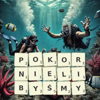 Kreatywna ilustracja do gry w Scrabble ze słowem POKORNIELIBYŚMY ułożonym z płytek na planszy.