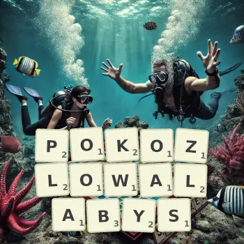 Kreatywna ilustracja do gry w Scrabble ze słowem POKOZLOWALABYS ułożonym z płytek na planszy.