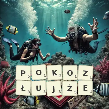 Kreatywna ilustracja do gry w Scrabble ze słowem POKOZŁUJŻE ułożonym z płytek na planszy.
