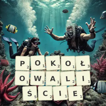 Kreatywna ilustracja do gry w Scrabble ze słowem POKOŁOWALIŚCIE ułożonym z płytek na planszy.