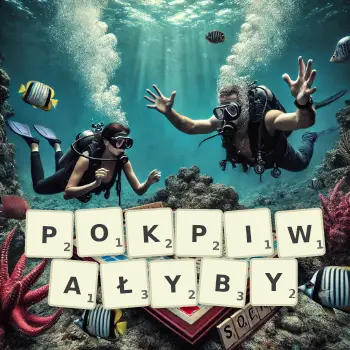 Kreatywna ilustracja do gry w Scrabble ze słowem POKPIWAŁYBY ułożonym z płytek na planszy.