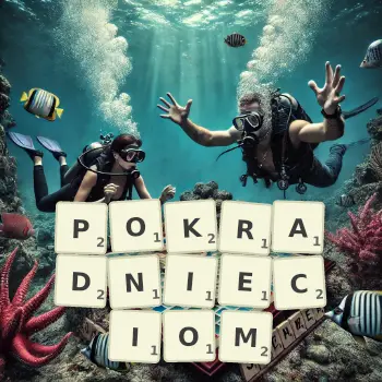 Kreatywna ilustracja do gry w Scrabble ze słowem POKRADNIECIOM ułożonym z płytek na planszy.