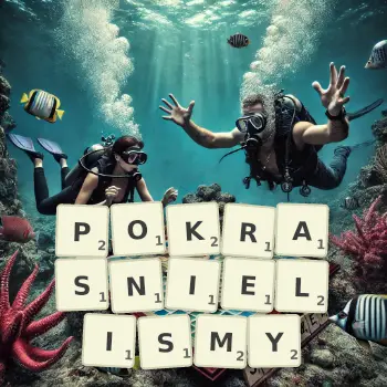 Kreatywna ilustracja do gry w Scrabble ze słowem POKRASNIELISMY ułożonym z płytek na planszy.