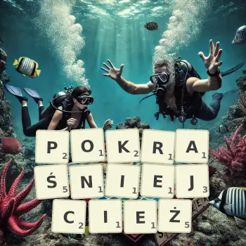 Kreatywna ilustracja do gry w Scrabble ze słowem POKRAŚNIEJCIEŻ ułożonym z płytek na planszy.