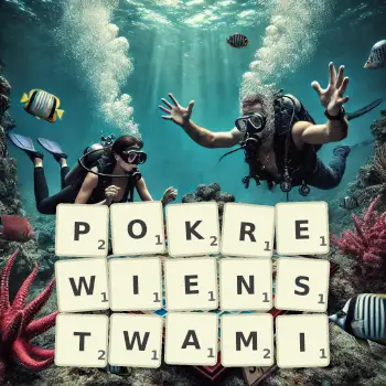 Kreatywna ilustracja do gry w Scrabble ze słowem POKREWIENSTWAMI ułożonym z płytek na planszy.